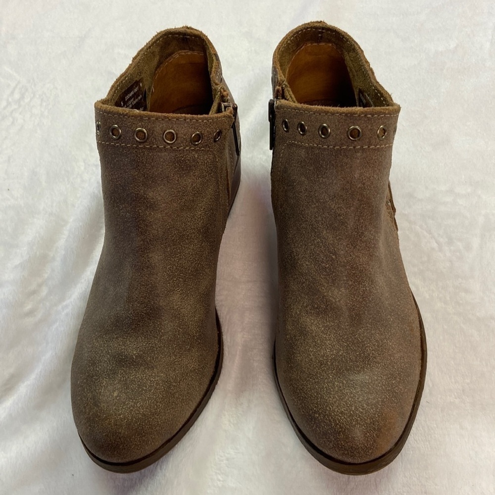 Minnetonka Womens TanBrown Leather Side Zip Round Toe Ankle Booties S5 Preowned